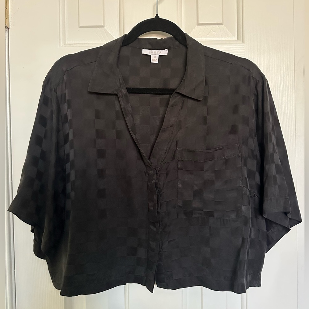 Lunya Washable Silk Sleep Set in black checkered print